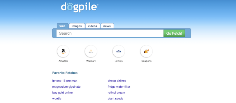 Dogpile search engine page